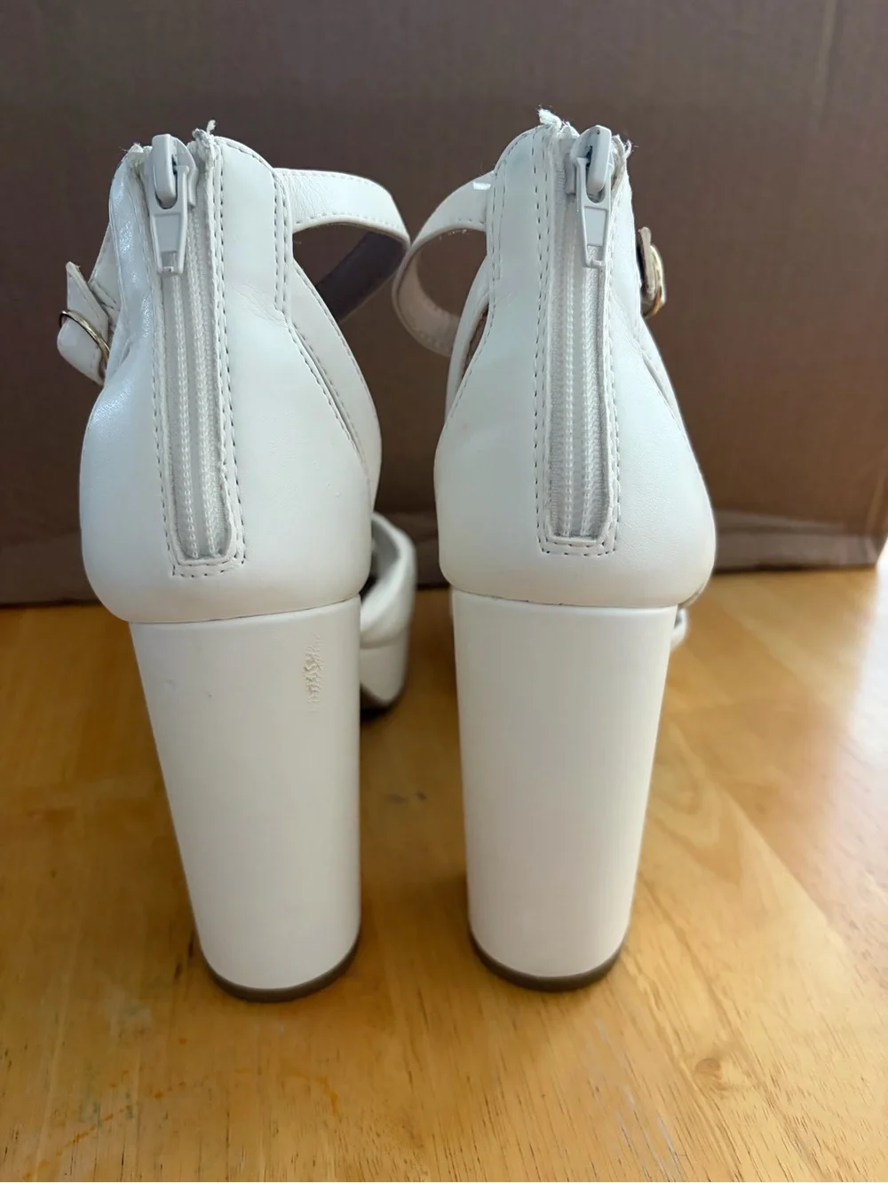 Report White Twisted Front Platform Ankle-Strap Block Heels